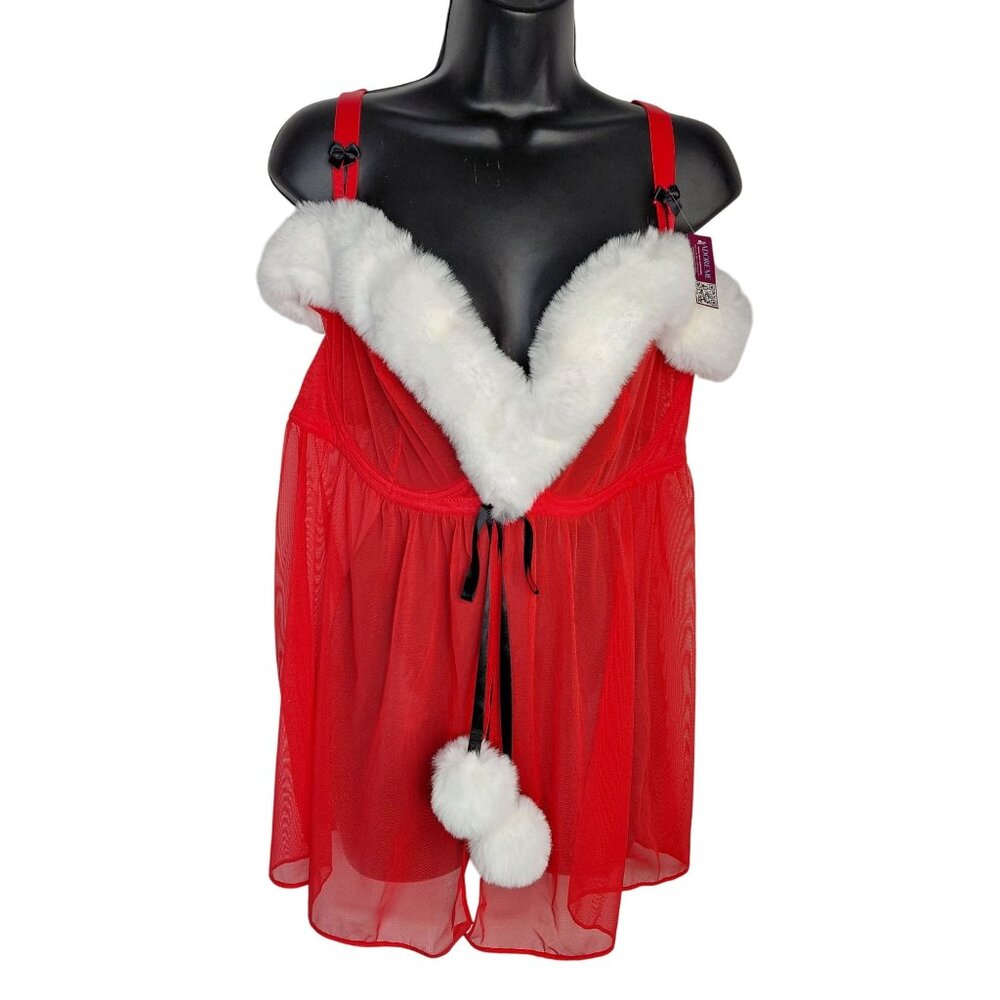 Adore Me Sheer Red Babydoll Lingerie With Faux Fur Trim & Pom Poms Size 40H